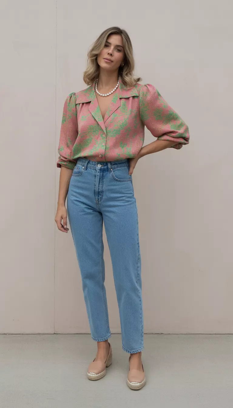 High-Waisted Straight Jeans and Floral Top A beautiful woman in a pink and green floral print blouse, classic blue high-waisted straight-leg jeans, nude espadrilles, and a pearl necklace.