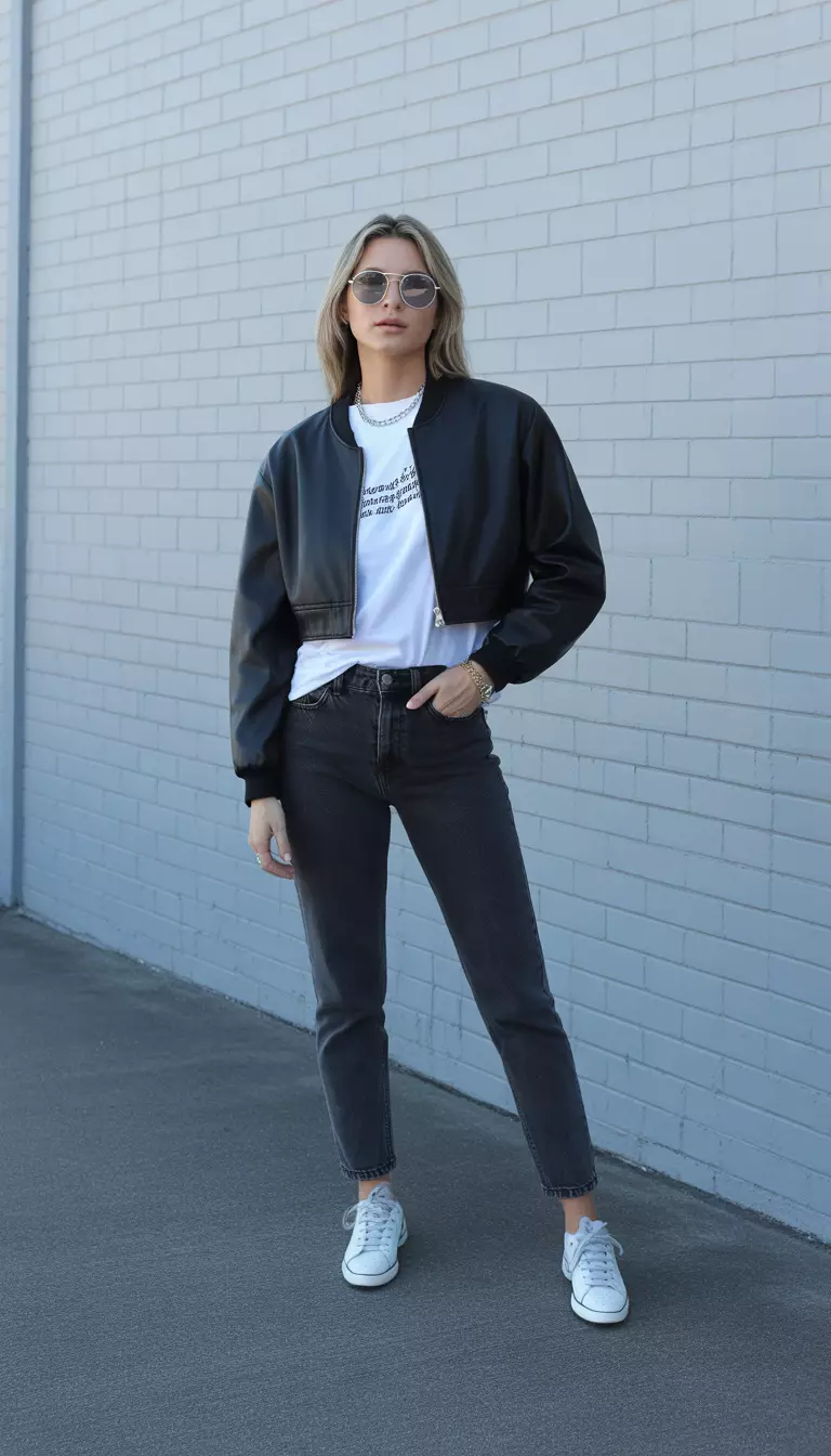 Cigarette Jeans Paired with Leather Bomber A beautiful woman in a cropped black leather bomber jacket, a white graphic tee, rigid black wash cigarette jeans, and pointed white sneakers, she wears silver aviator sunglasses and a chain necklace.