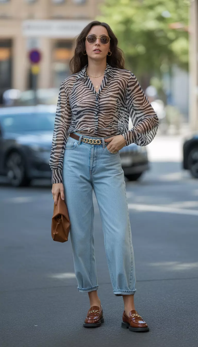 Granny Jeans with Zebra Print Blouse A beautiful woman in a black-and-white zebra print blouse, stone wash high-waisted granny jeans, brown leather loafers, and a gold chain belt.