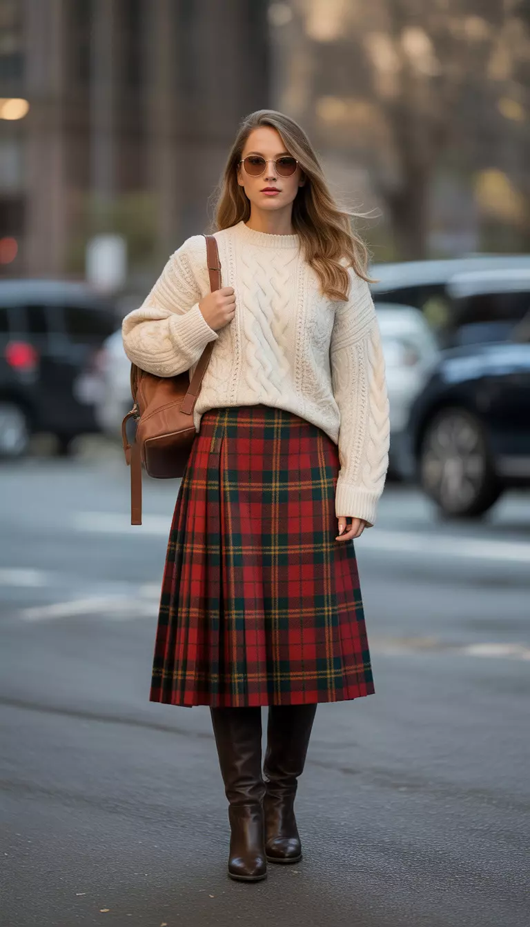 A beautiful woman in a red and black tartan wool kilt midi skirt, a cream oversized cable-knit sweater, knee-high brown boots, and a leather backpack.