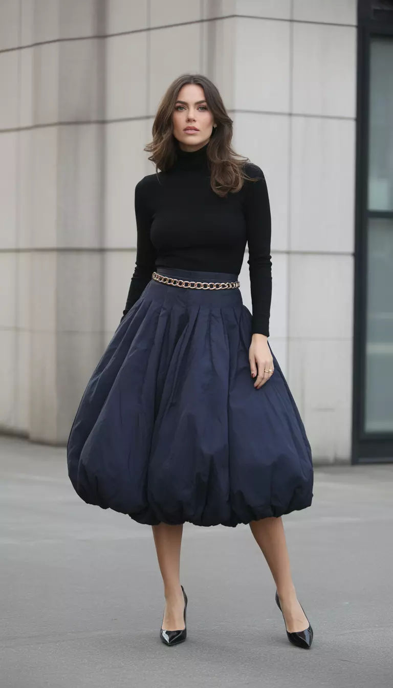 A beautiful woman in a voluminous navy balloon midi skirt, a black fitted turtleneck, black pointed-toe heels, and a gold chain belt.