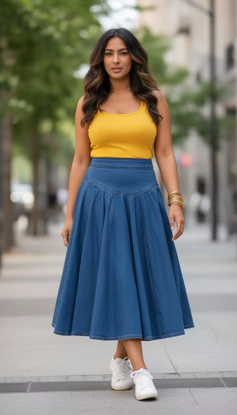 A beautiful woman in a blue denim waterfall midi skirt, a yellow tank top, white sneakers, and layered gold bracelets.
