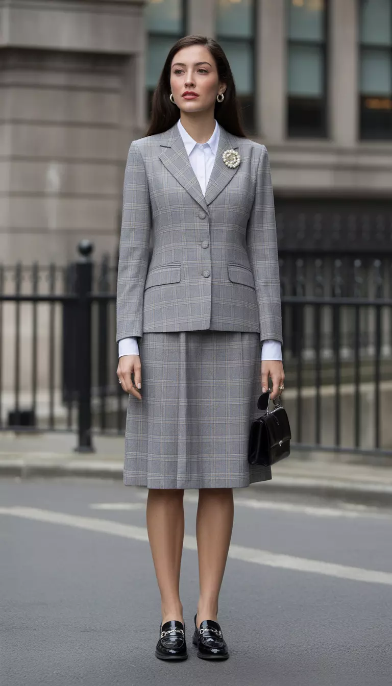 A beautiful woman in a grey heritage check skirt suit, a white collared shirt, black loafers, and a pearl brooch.