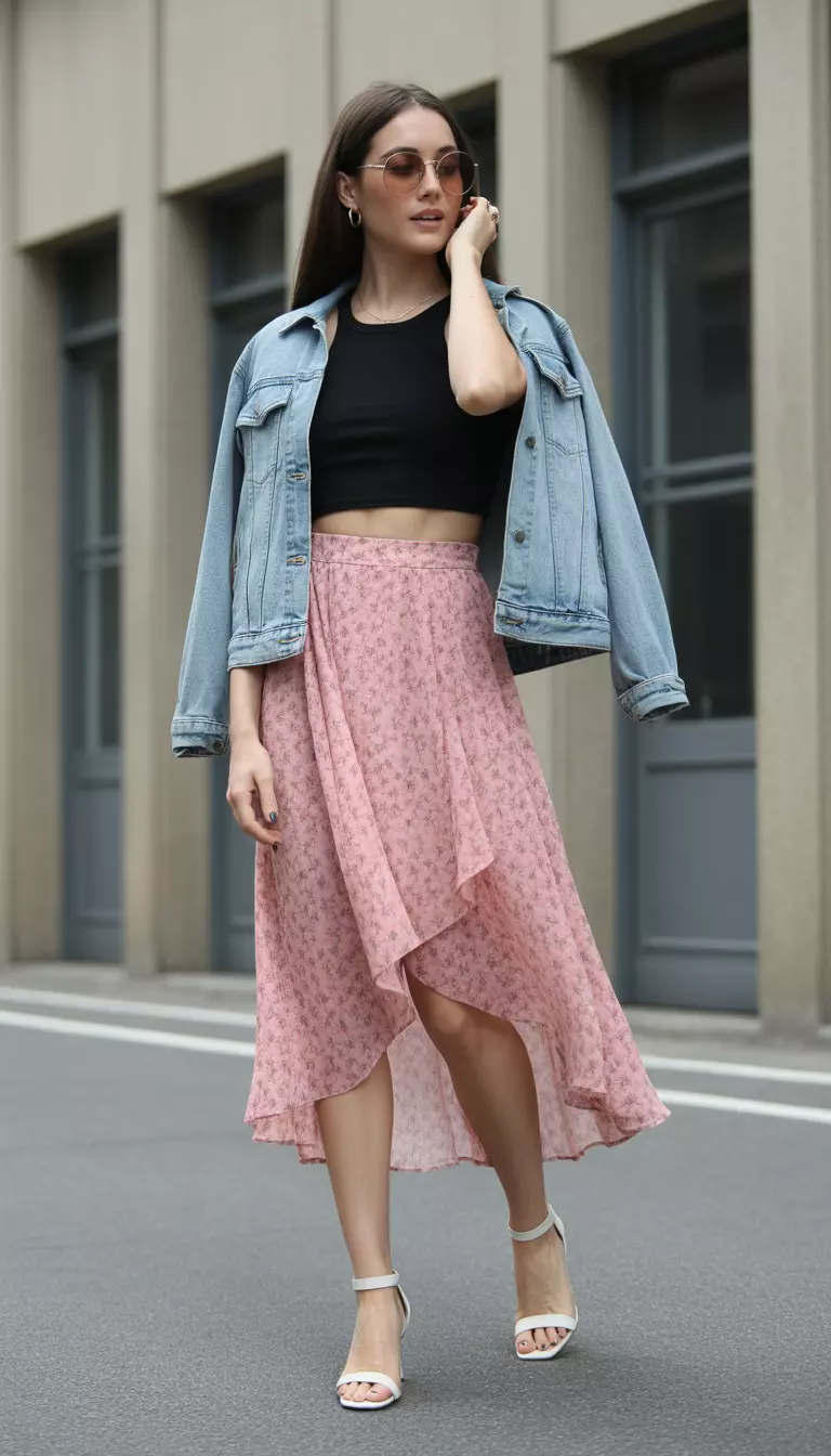 A beautiful woman in a pink floral asymmetrical chiffon midi skirt, a black cropped tank top, white strappy sandals, and a denim jacket.