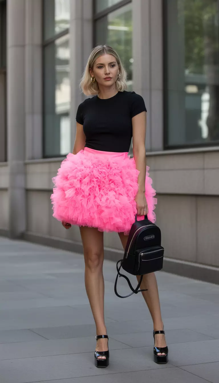 A beautiful woman in a candy pink puffball ruffled mini skirt, a black fitted top, black platform heels, and a black mini backpack.