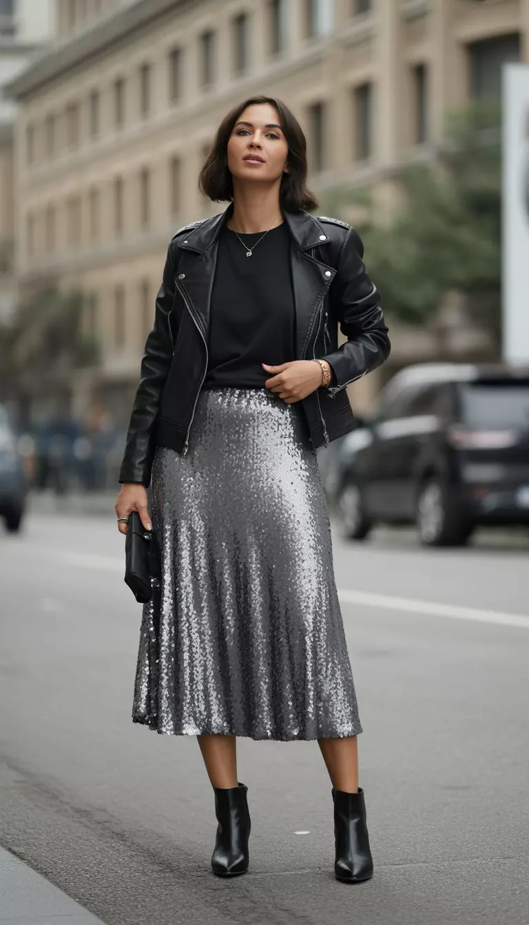 A beautiful woman in a silver sequined midi skirt, a black simple tee, black ankle boots, and a black leather jacket.