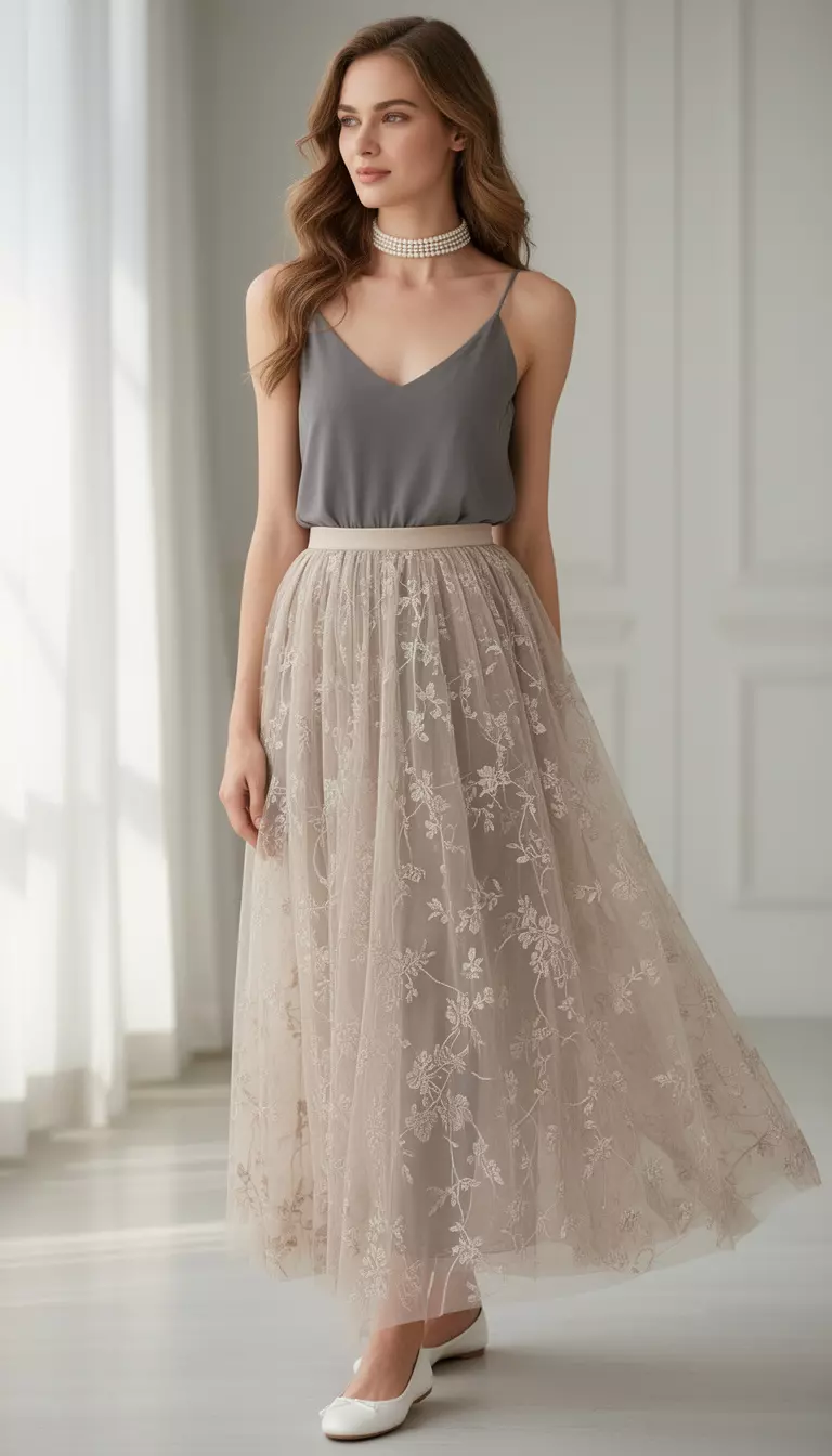A beautiful woman in a neutral embroidered tulle sheer maxi skirt, a grey slip dress, white ballet flats, and a pearl choker.