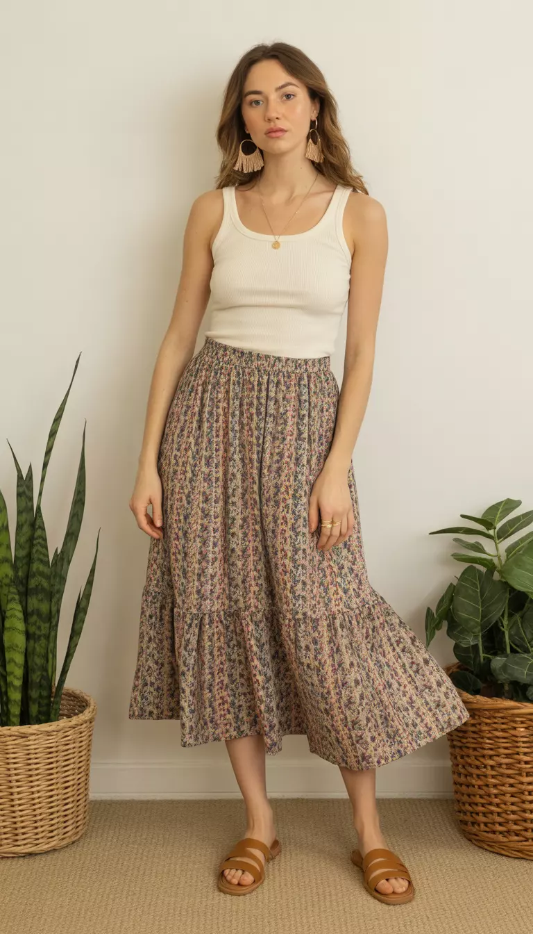 A beautiful woman in a multicolored printed gathered midi skirt, a cream simple tank, tan flat sandals, and fringe earrings.