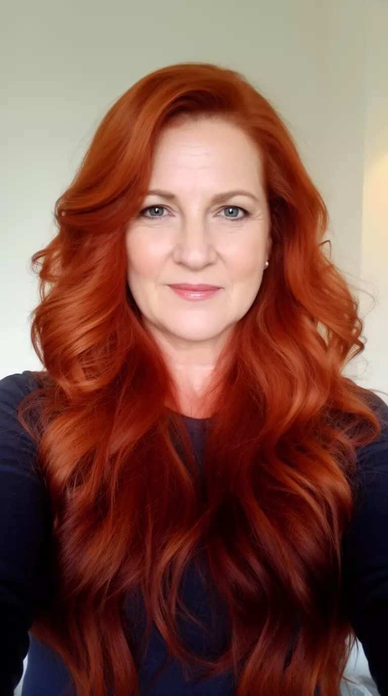 selfie of a 40-year-old woman wearing a dark top with a rich vibrant auburn colored long dramatic wavy hairstyle, front-facing view, minimal background