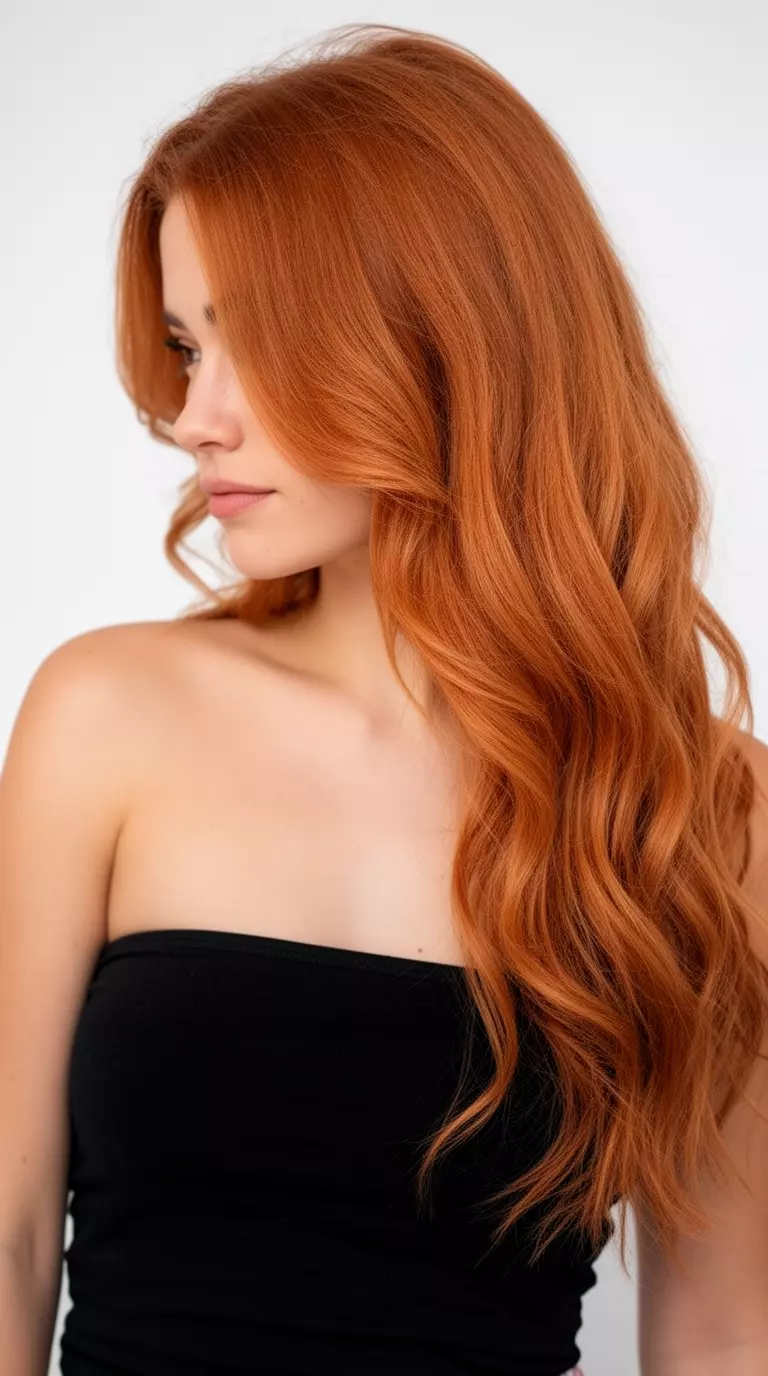 casual close-up photo of a 26-year-old woman wearing a black strapless top with a warm copper colored long wavy hairstyle, side view, minimal background