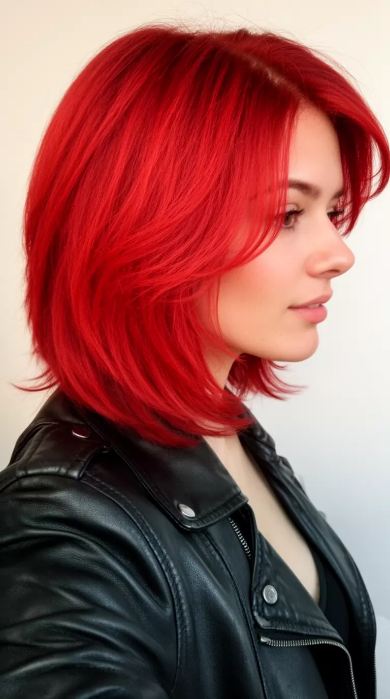 selfie of a 23-year-old woman wearing a black leather jacket with a fiery red colored medium-length layered hairstyle, profile view, minimal background