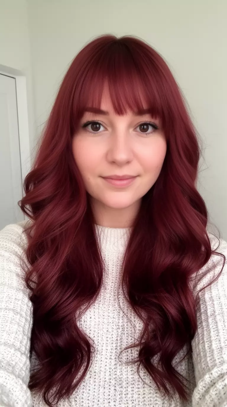 selfie of a 31-year-old woman wearing a light-colored knit top with a deep reddish-brown colored long wavy hairstyle with bangs, front view, minimal background
