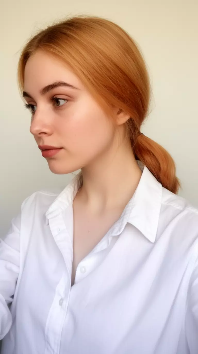 selfie of a 25-year-old woman wearing a white button-down shirt with a strawberry blonde light auburn colored low ponytail hairstyle, side view, minimal background