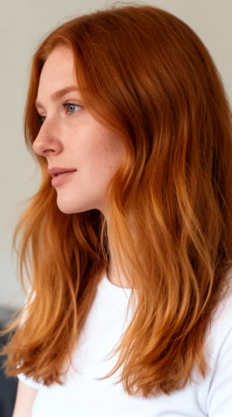 casual close-up photo of a 29-year-old woman wearing a white top with a medium to light auburn colored long slightly wavy hairstyle, profile view, minimal background