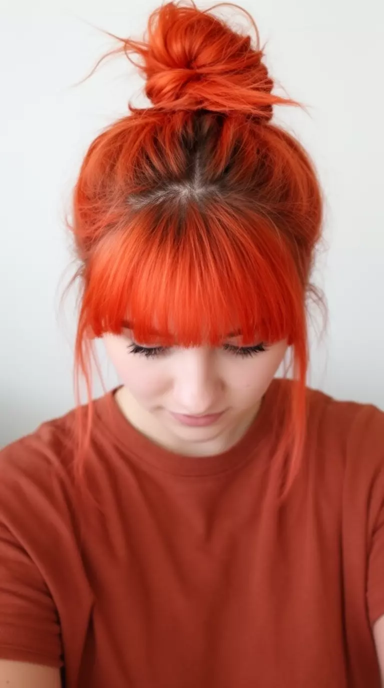 casual close-up photo of a 21-year-old woman wearing a rust-colored top with a bright reddish-orange colored messy bun hairstyle with fringe, looking down, minimal background