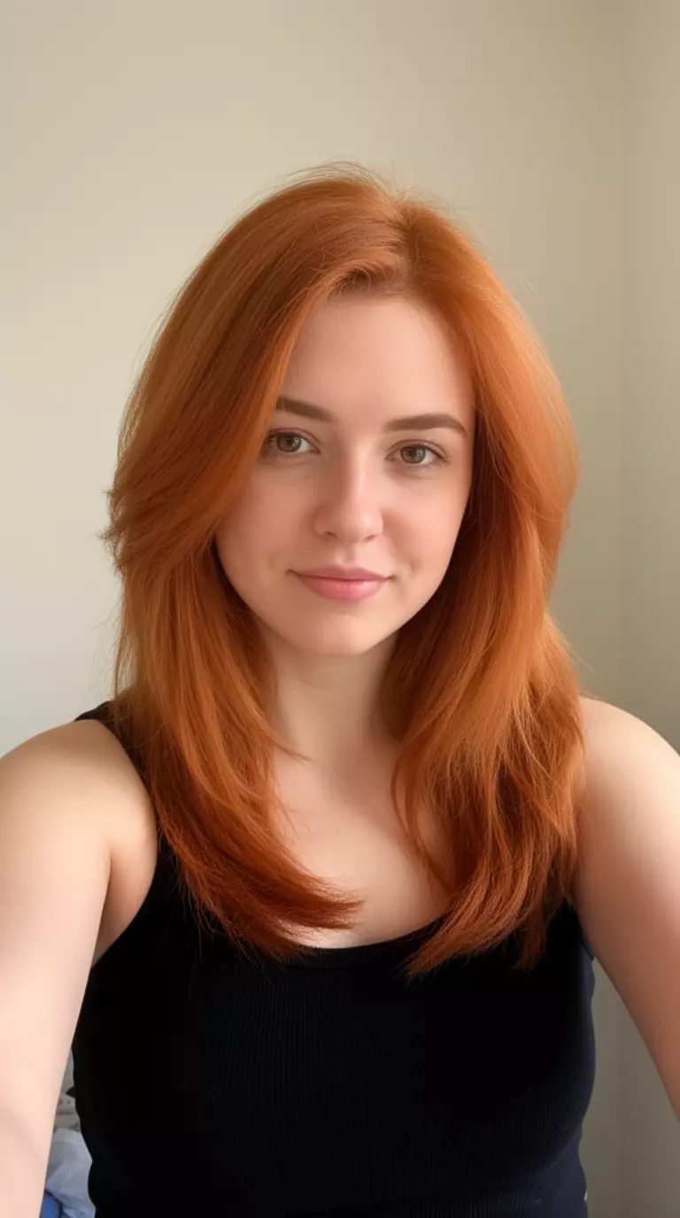selfie of a 24-year-old woman wearing a black tank top with a warm ginger colored medium-long layered hairstyle, front-facing view, minimal background