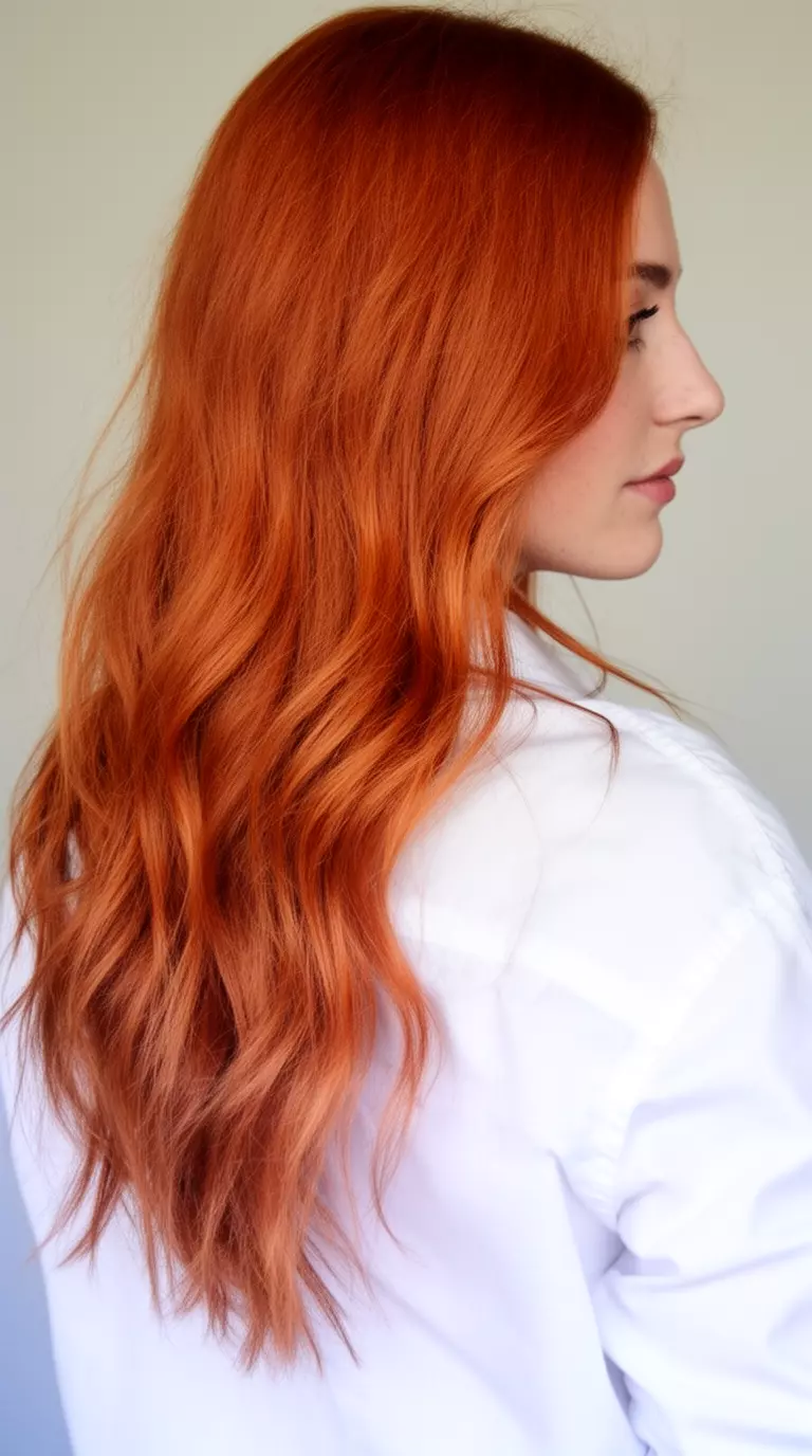 casual close-up photo of a 32-year-old woman wearing a white shirt with a true copper-red colored very long slightly wavy hairstyle, back/side view, minimal background
