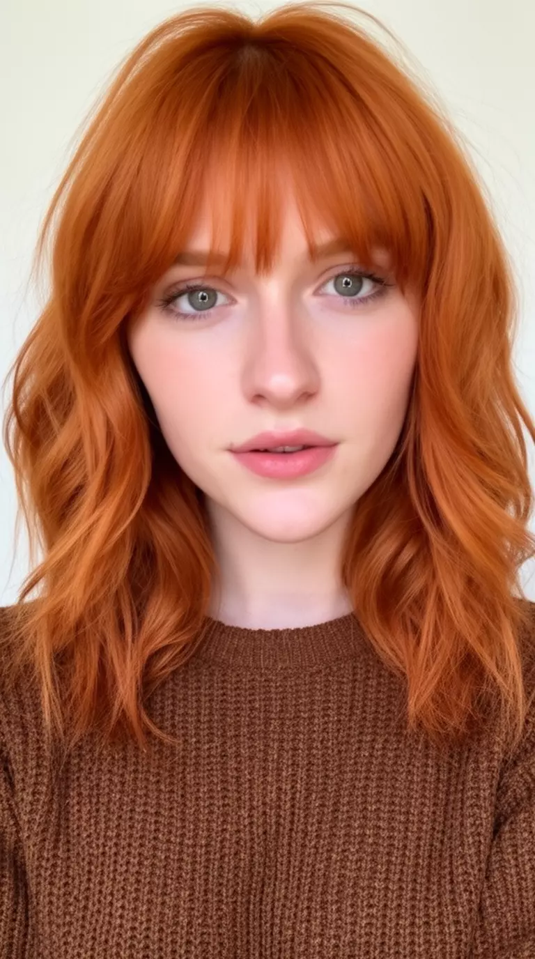 casual close-up photo of a 27-year-old woman wearing a brown knit top with a warm ginger colored medium-long layered wavy hairstyle, front-facing view, minimal background