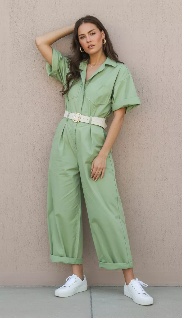 A beautiful woman in a mint green cotton wide-leg jumpsuit with rolled cuffs, white canvas sneakers, white belt, she wears gold hoop earrings.