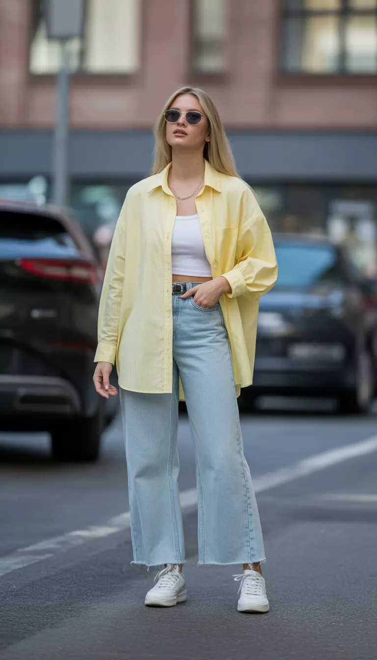 A beautiful woman in a butter yellow oversized button-down shirt, light wash wide-leg jeans, white sneakers, she wears aviator sunglasses.