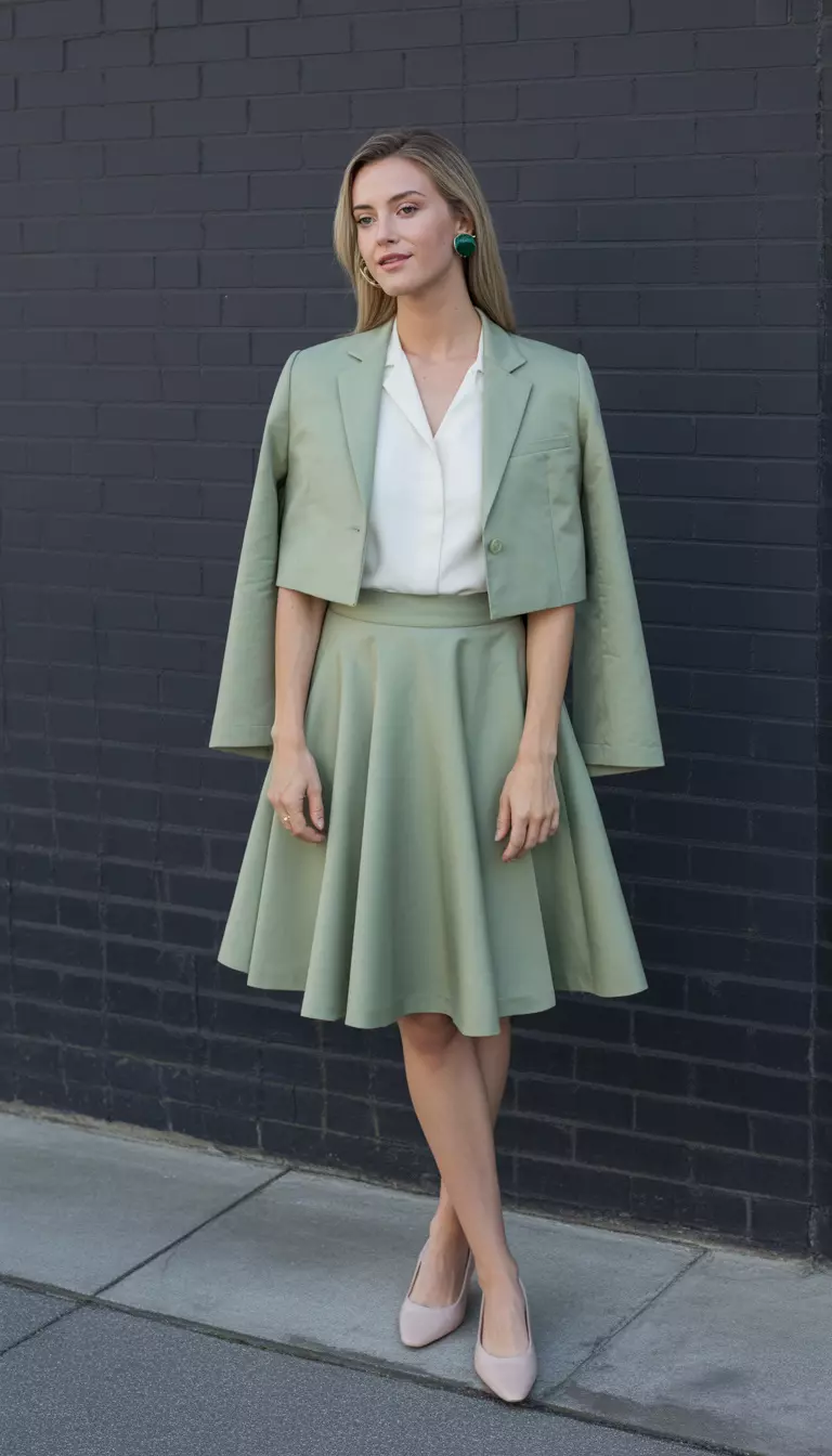 A beautiful woman in a sage green A-line skirt, matching sage green cropped blazer, white blouse, blush ballet flats, she wears emerald studs.