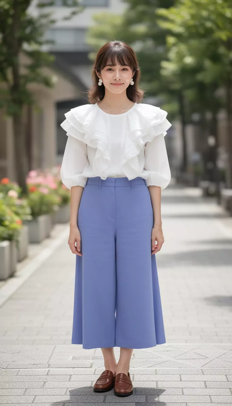 A beautiful woman in periwinkle blue culottes, ruffled white blouse, brown loafers, she wears pearl stud earrings.