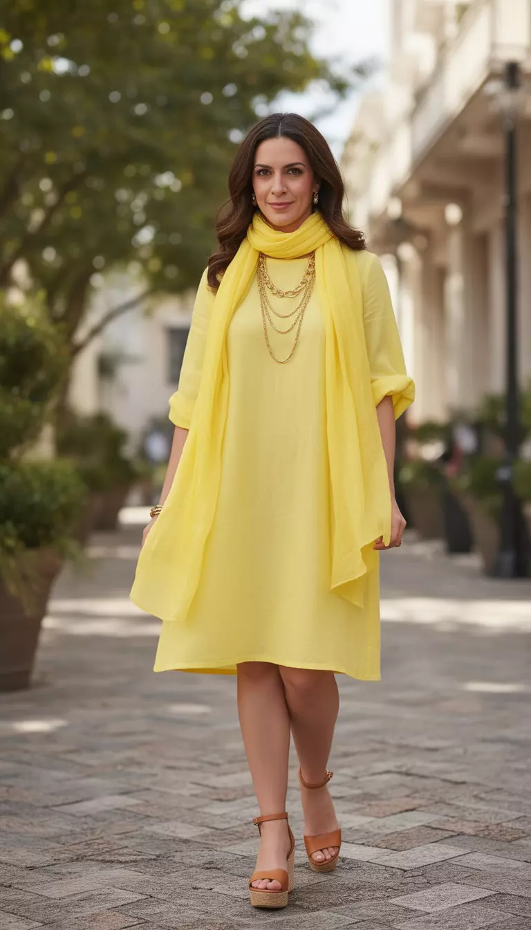 A beautiful woman in a lemon yellow cotton shift dress, tan wedge sandals, lemon yellow scarf, she wears layered gold necklaces.