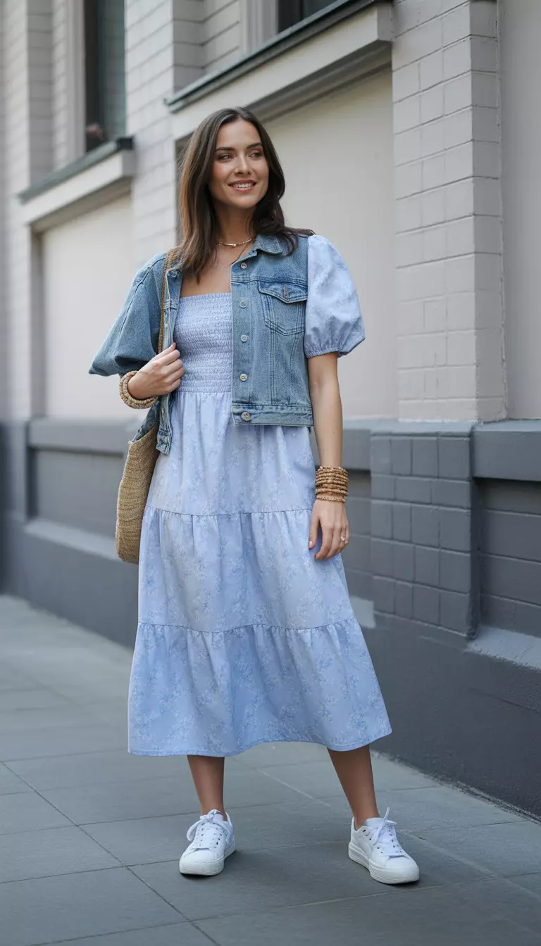 A beautiful woman in a pastel blue floral midi dress with puff sleeves, white sneakers, she wears a denim jacket and a stack of woven bracelets.