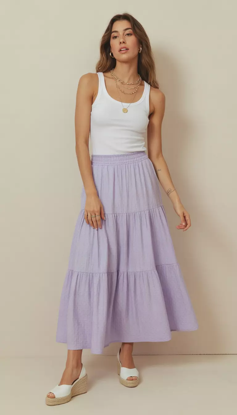 A beautiful woman in a lavender tiered maxi skirt, fitted white tank top, white espadrille wedges, she wears layered gold necklaces.