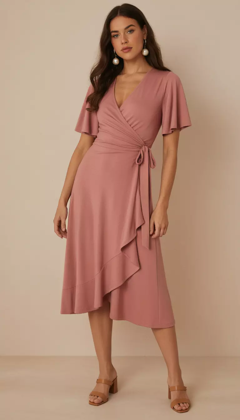 A beautiful woman in a rose pink jersey wrap dress with flutter sleeves, tan block heels, she wears pearl drop earrings.
