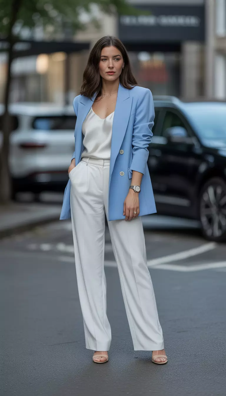 A beautiful woman in a powder blue single-breasted blazer, white trousers, white silk camisole, nude heels, she wears a silver watch.