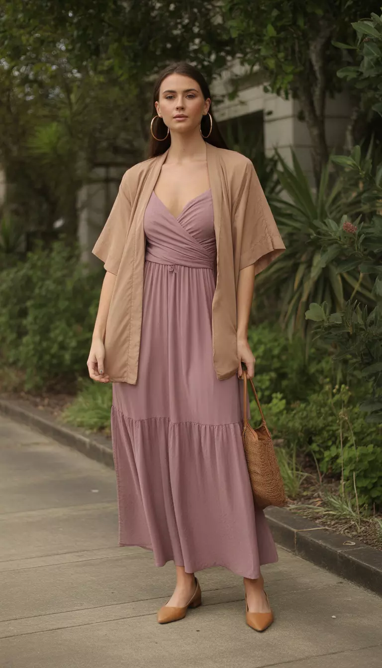 A beautiful woman in a mauve chiffon maxi dress, short tan kimono jacket, tan flats, she wears gold hoop earrings.