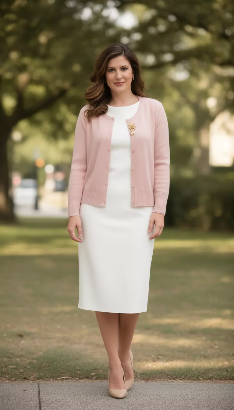 A beautiful woman in a blush pink lightweight cardigan, cloud white sheath dress, nude pumps, she wears a gold brooch.