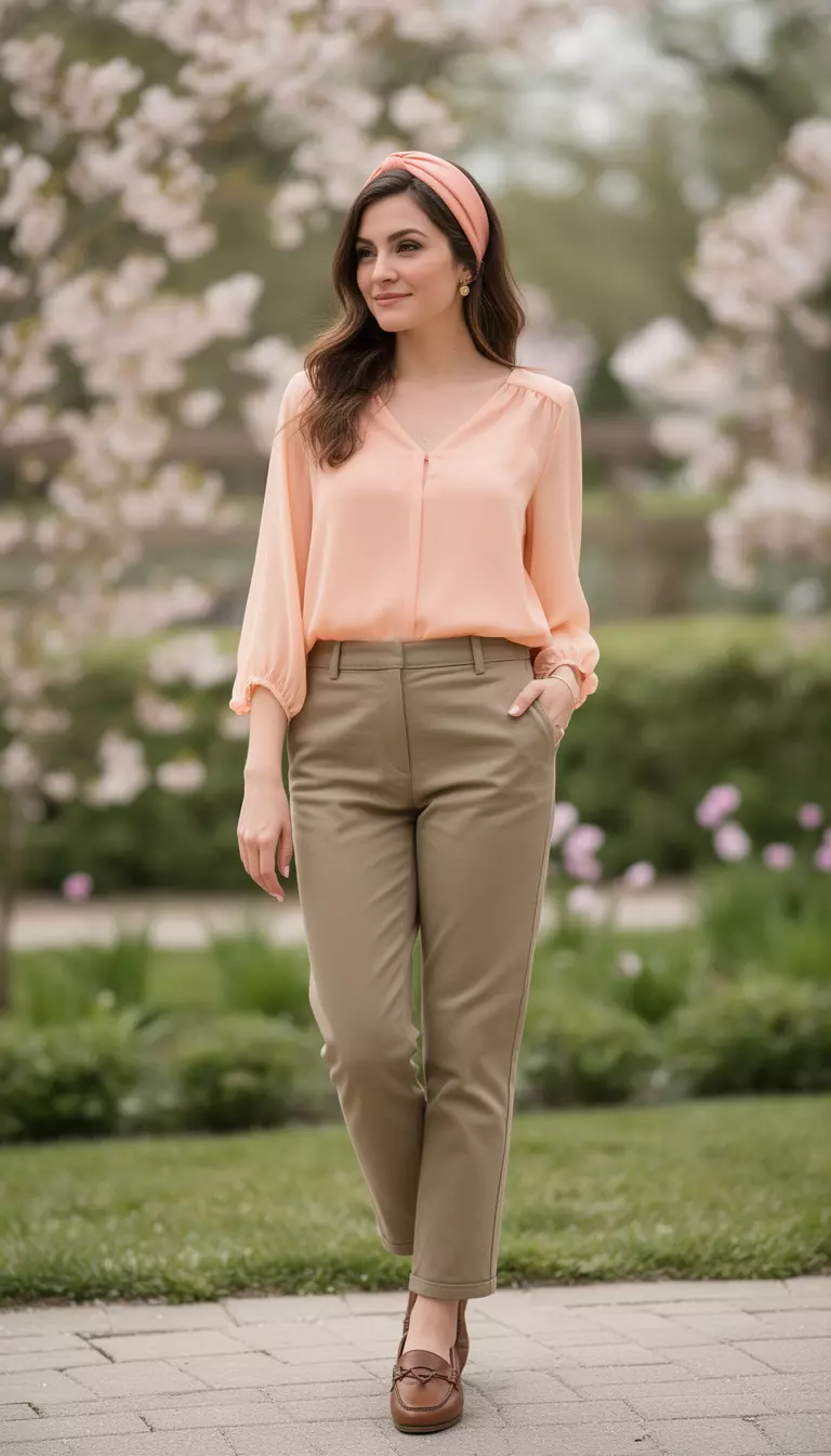 A beautiful woman in a soft peach chiffon blouse, khaki chinos, brown loafers, she wears a peach headband.