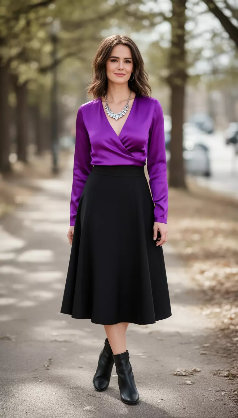 A beautiful woman in a vibrant violet silk wrap top, black A-line midi skirt, black ankle boots, she wears a silver statement necklace.