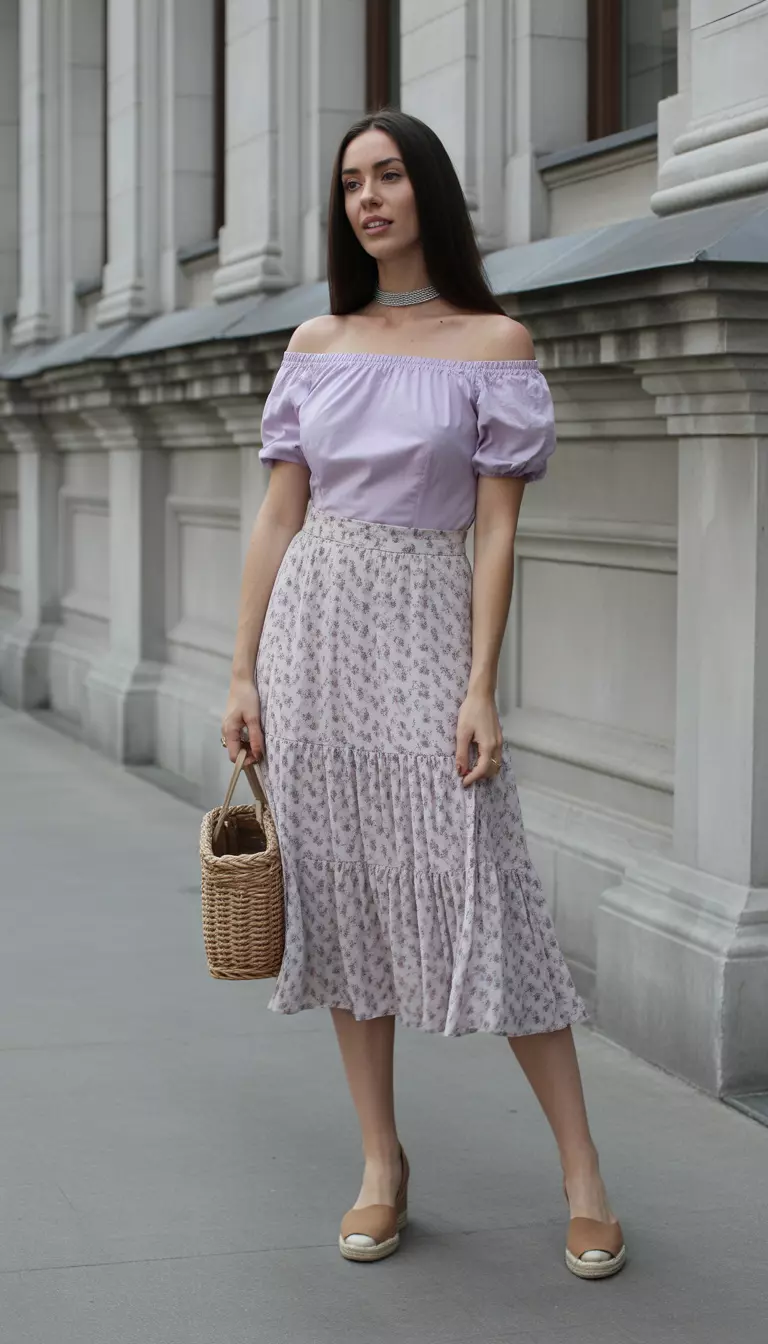 A beautiful woman in a lilac off-shoulder top, high-waisted floral midi skirt, tan espadrilles, she wears a silver choker necklace.