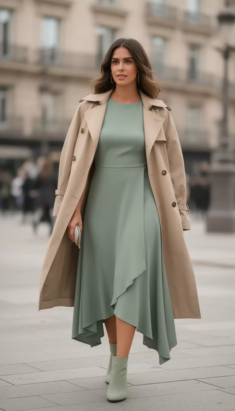 A beautiful woman in a sage green asymmetrical hem midi dress, a beige trench coat, and sage green ankle boots.