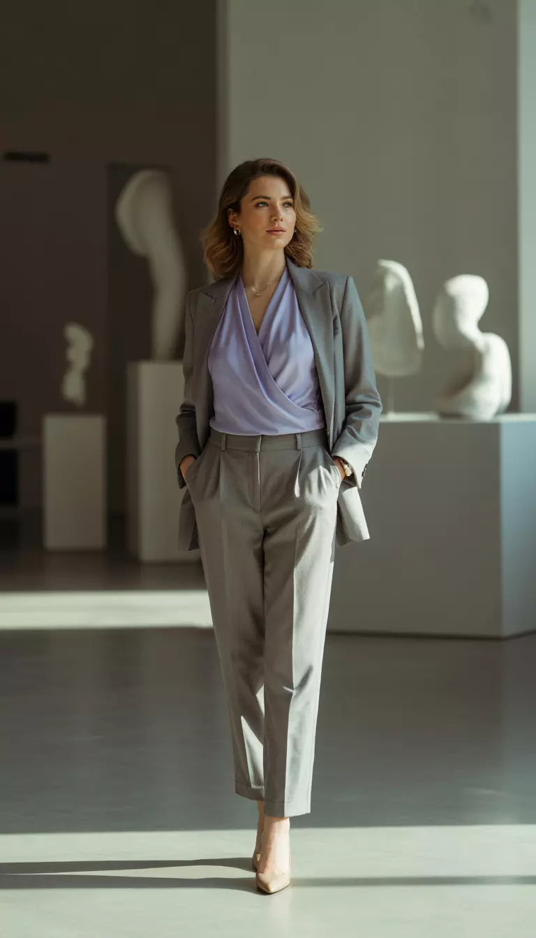 A beautiful woman in summer grey tailored trousers, a draped lavender blouse, a grey blazer, and nude heels.