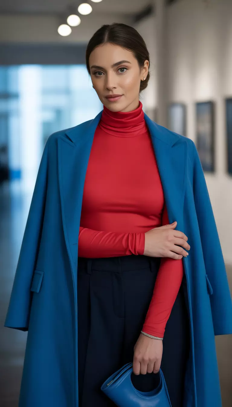 A beautiful woman in a fire engine red turtleneck, a cerulean blue coat, black trousers, and cerulean blue heels.