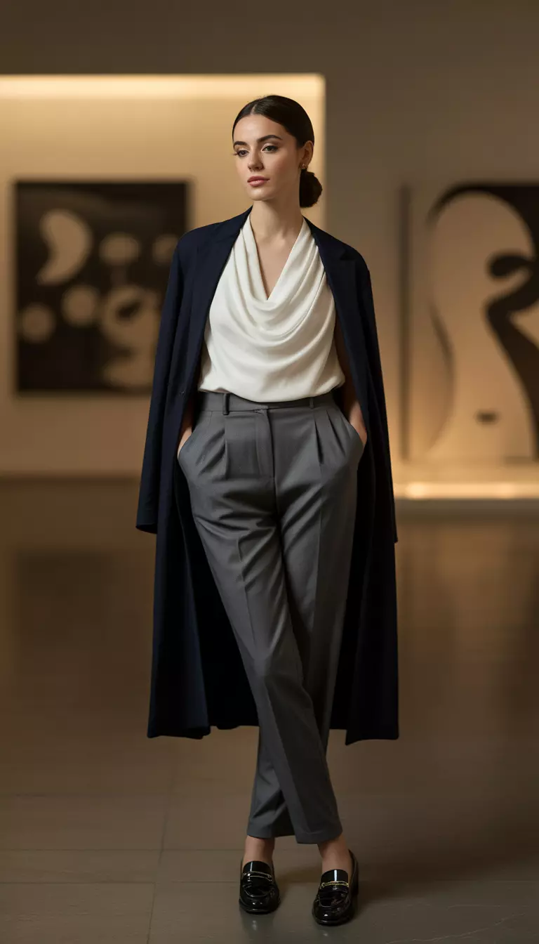 A beautiful woman in a navy cummerbund, a white draped top, grey trousers, and black loafers.