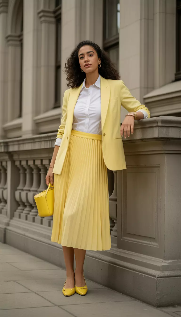 A beautiful woman in a sunshine yellow pleated midi skirt and matching sunshine yellow fitted blazer, white collared shirt, and yellow ballet flats.