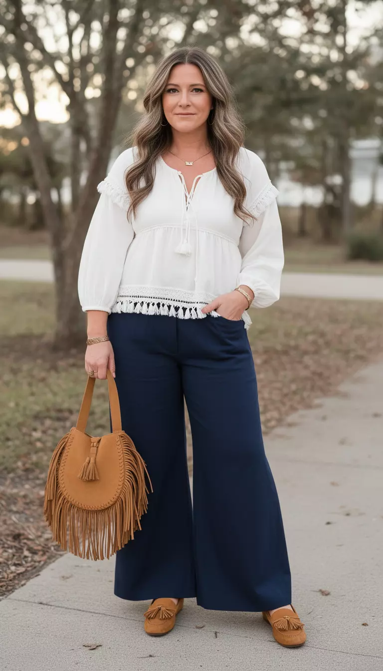 A beautiful woman in a white boho blouse with tassel trim, navy wide-leg pants, tan tassel loafers, and a tan fringed bag.