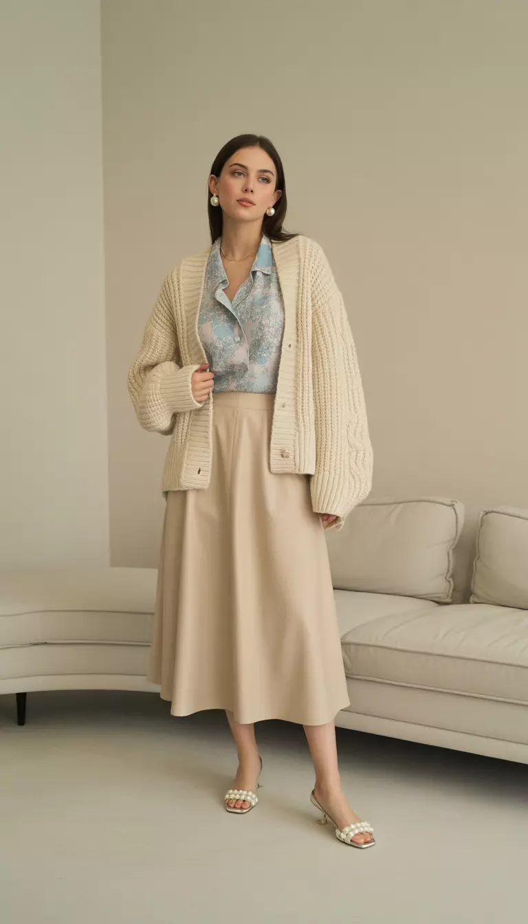 A beautiful woman in a cream chunky cardigan, a pastel blue floral blouse, a beige midi skirt, pearl earrings, and low pearl heels.