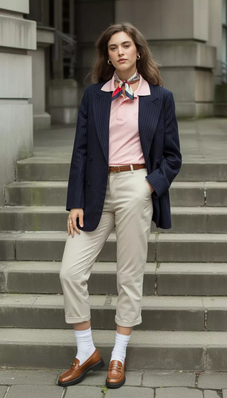 A beautiful woman in a blush pink polo shirt, a navy striped blazer, cream chinos, white socks, and brown penny loafers, she wears a colorful neck scarf.