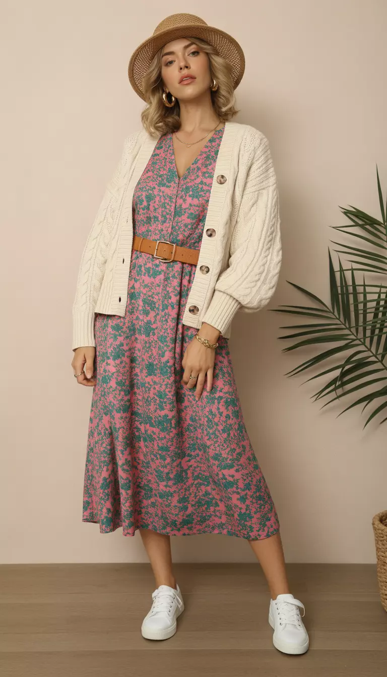 A beautiful woman in a pink and green floral midi dress, a cream cable-knit cardigan, a tan leather belt, white canvas sneakers, gold hoop earrings, and a woven straw hat.