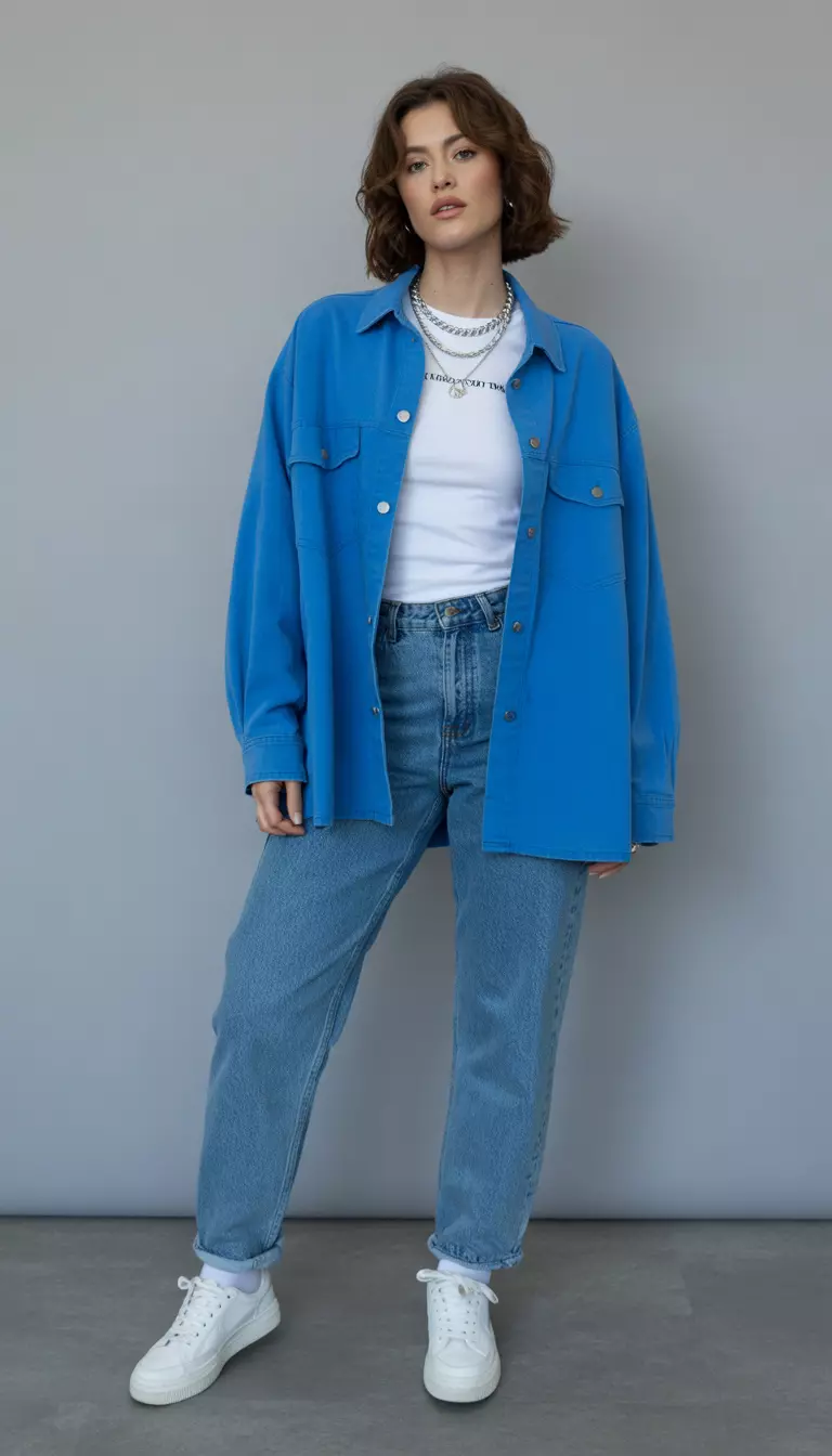 A beautiful woman in a cerulean blue oversized denim jacket, a white graphic tee, medium-wash straight-leg jeans, and white leather sneakers with silver layered necklaces.
