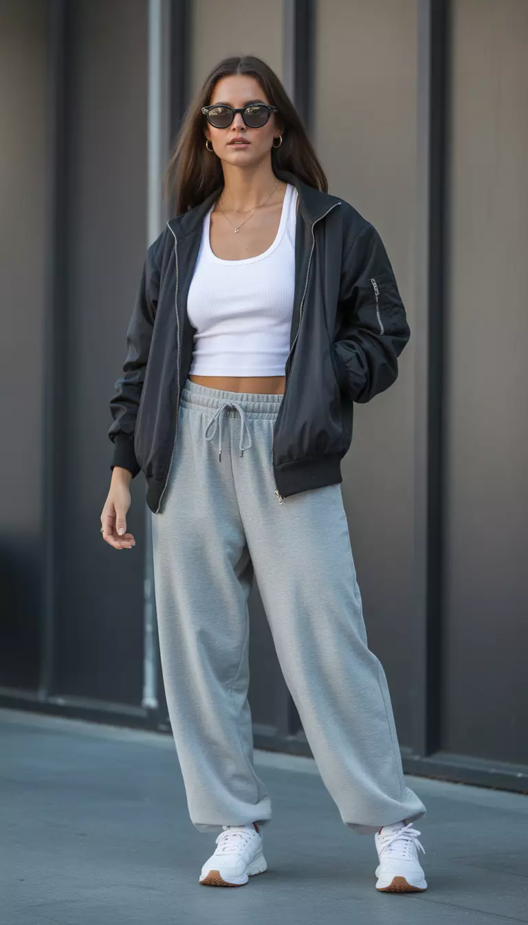 A beautiful woman in grey minimalist track pants, matching grey zip hoodie, white tank top, white sneakers, and a black bomber jacket with sporty sunglasses.