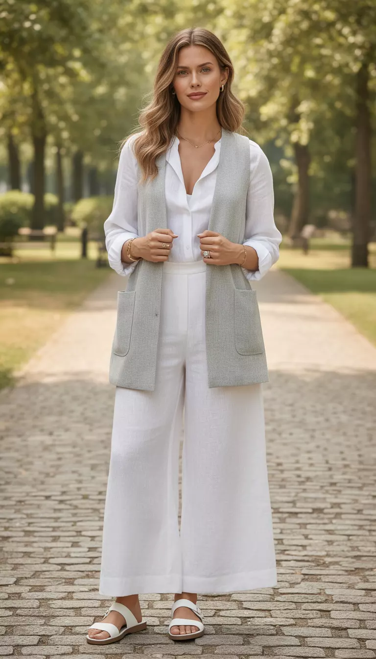 A beautiful woman in a white linen shirt, matching white wide-leg linen pants, a light grey vest, and white sandals.