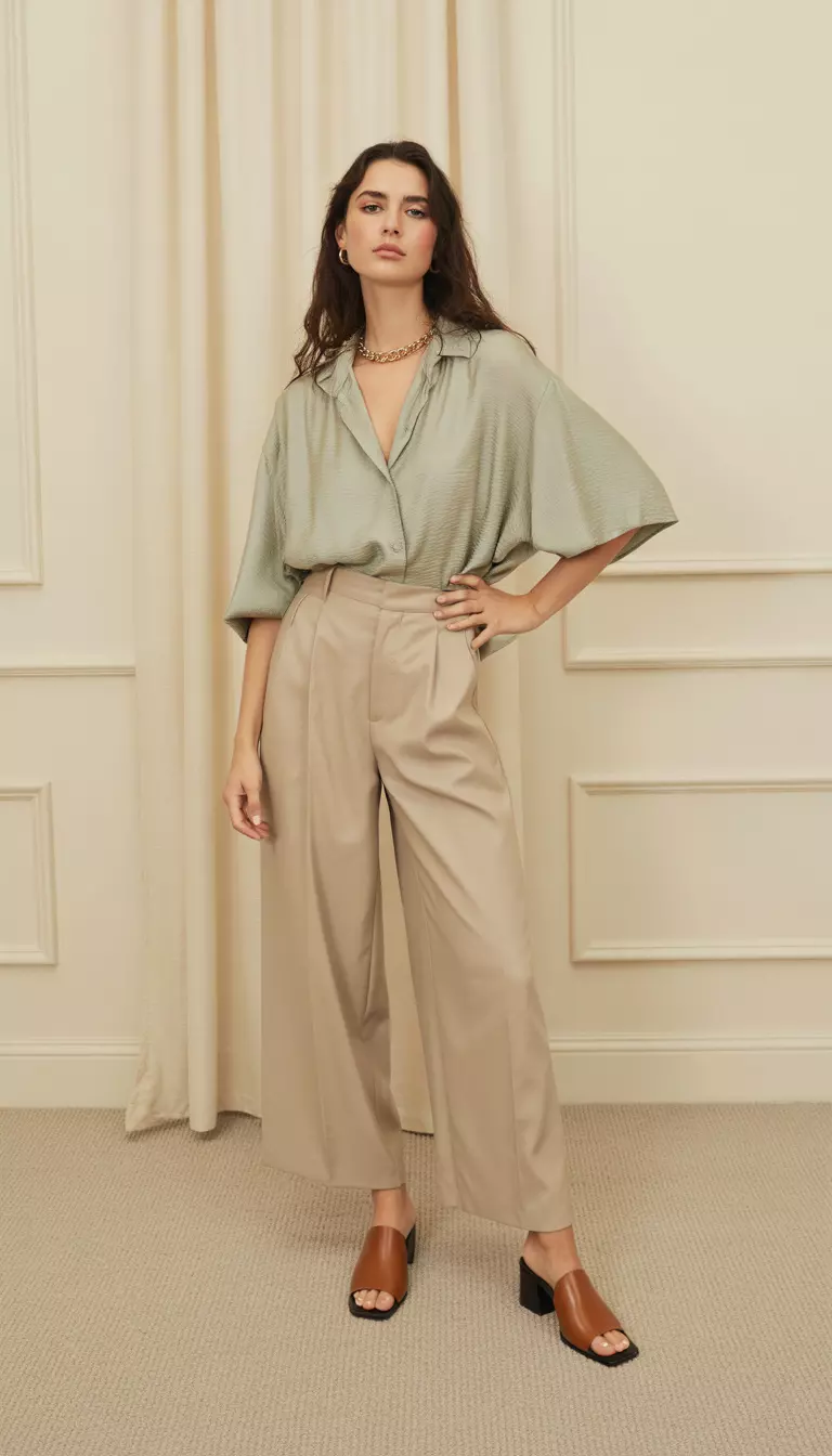 A beautiful woman in a draped sage green silk blouse, high-waisted beige wide-leg trousers, brown leather mules, and a gold chain necklace.