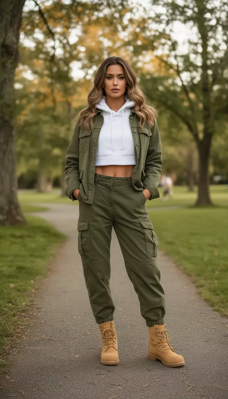 A beautiful woman in olive green cargo pants, a white cropped hoodie, an olive green utility jacket, and tan combat boots.